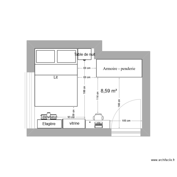 chambre léa. Plan de 1 pièce et 9 m2