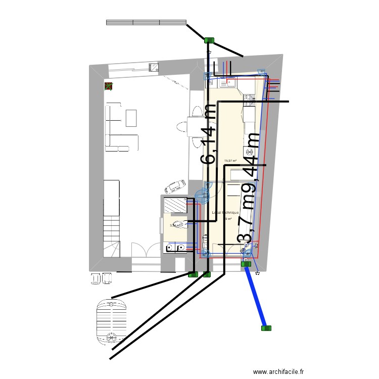 Plan maison gizia plomberie RDC. Plan de 10 pièces et 100 m2