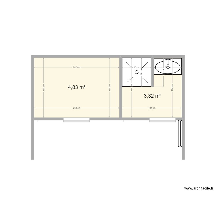 bain seb haut. Plan de 2 pièces et 8 m2