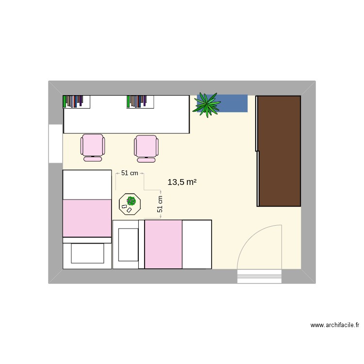 chambre. Plan de 1 pièce et 14 m2