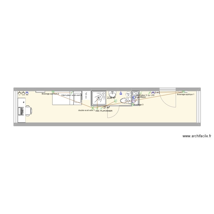 PLAN STUDIO. Plan de 2 pièces et 23 m2