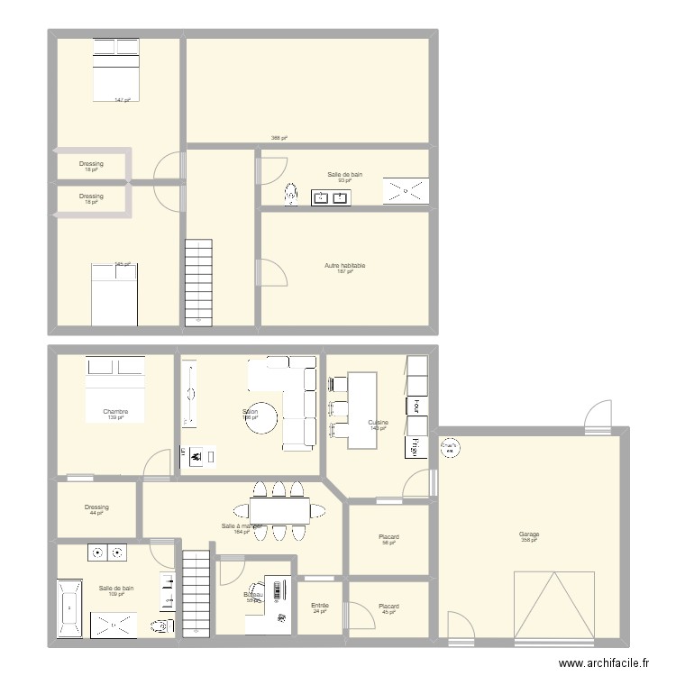 Premier étage Maison 1. Plan de 18 pièces et 212 m2