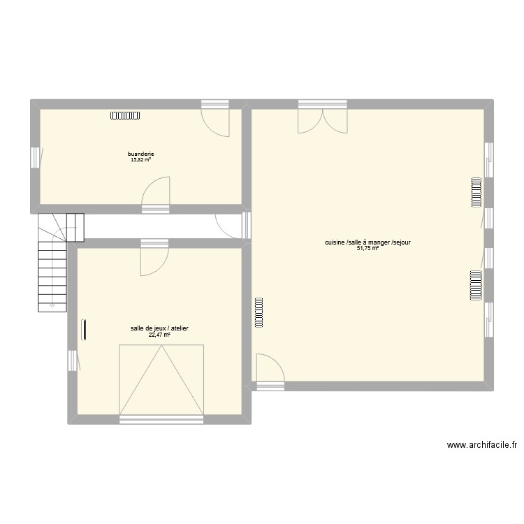 rdch. Plan de 3 pièces et 90 m2