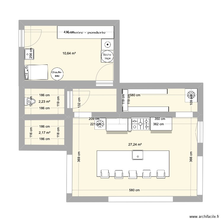 cuisine et extension. Plan de 4 pièces et 42 m2