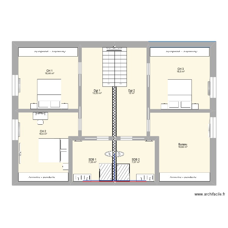 ETAGE. Plan de 8 pièces et 105 m2