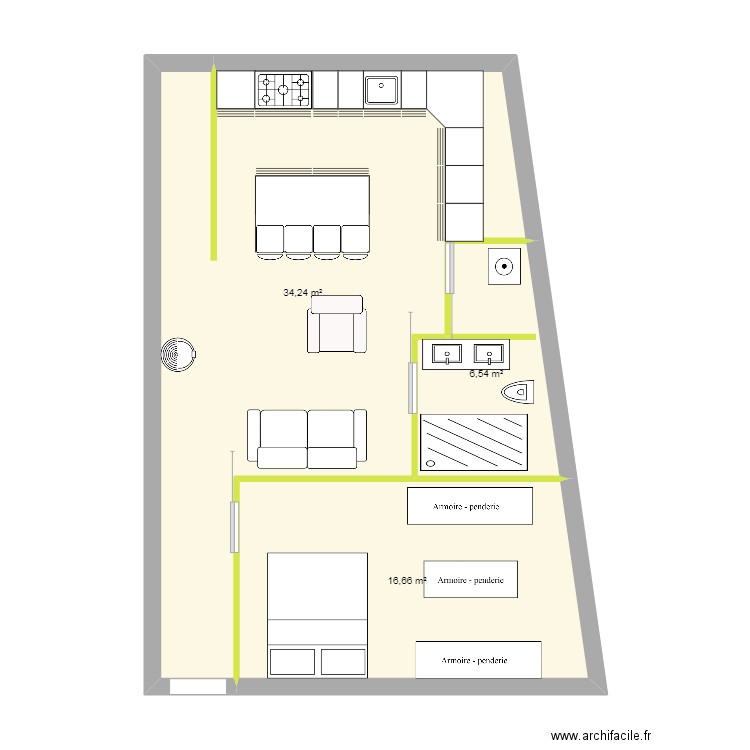 hotteux 33 bis. Plan de 3 pièces et 57 m2