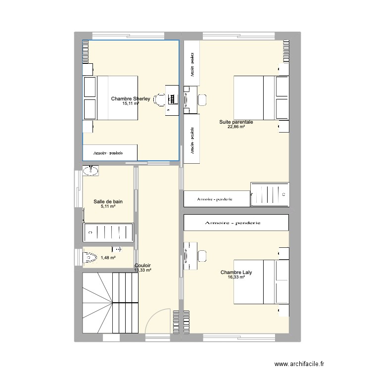 Etage. Plan de 6 pièces et 74 m2