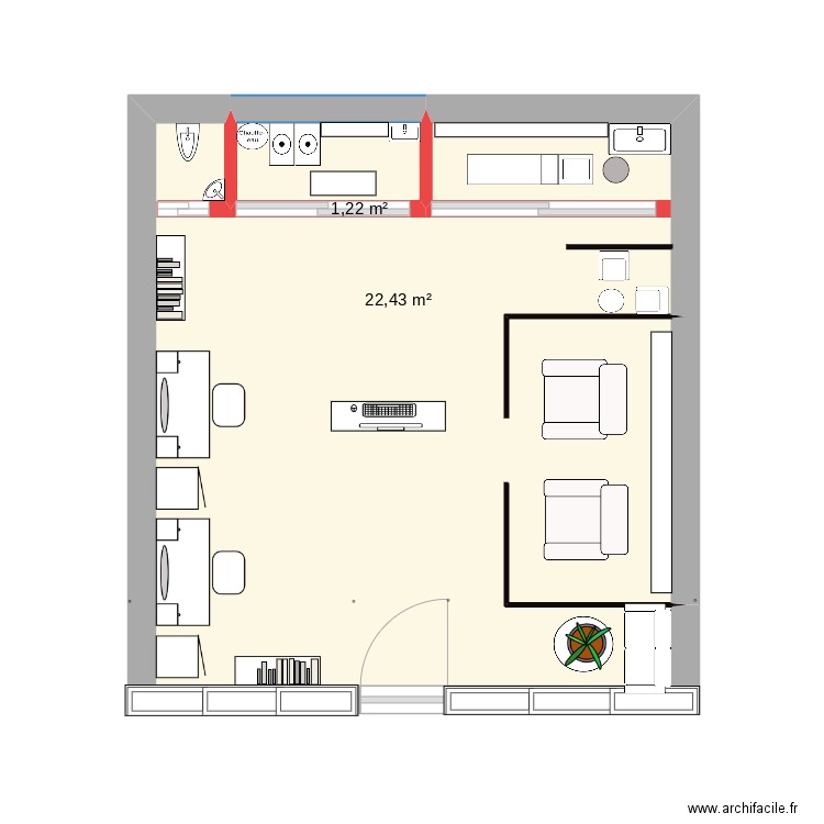 salon. Plan de 2 pièces et 24 m2