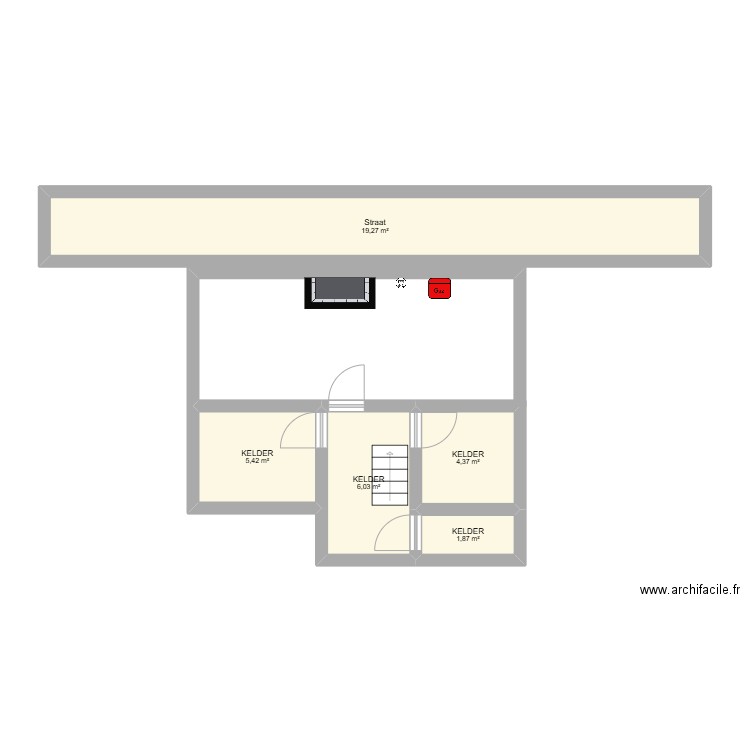 kelder. Plan de 5 pièces et 37 m2