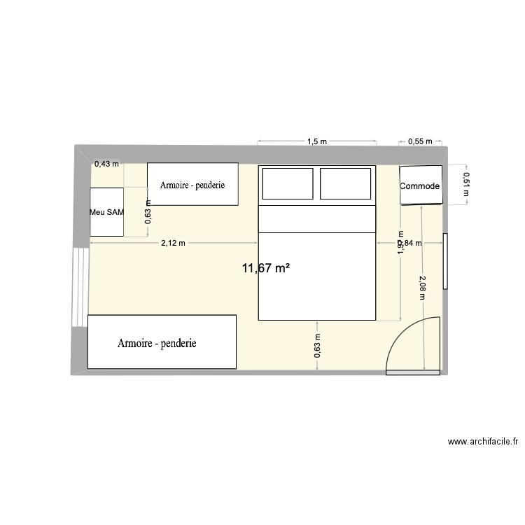 Chambre chris troisième essai. Plan de 1 pièce et 12 m2