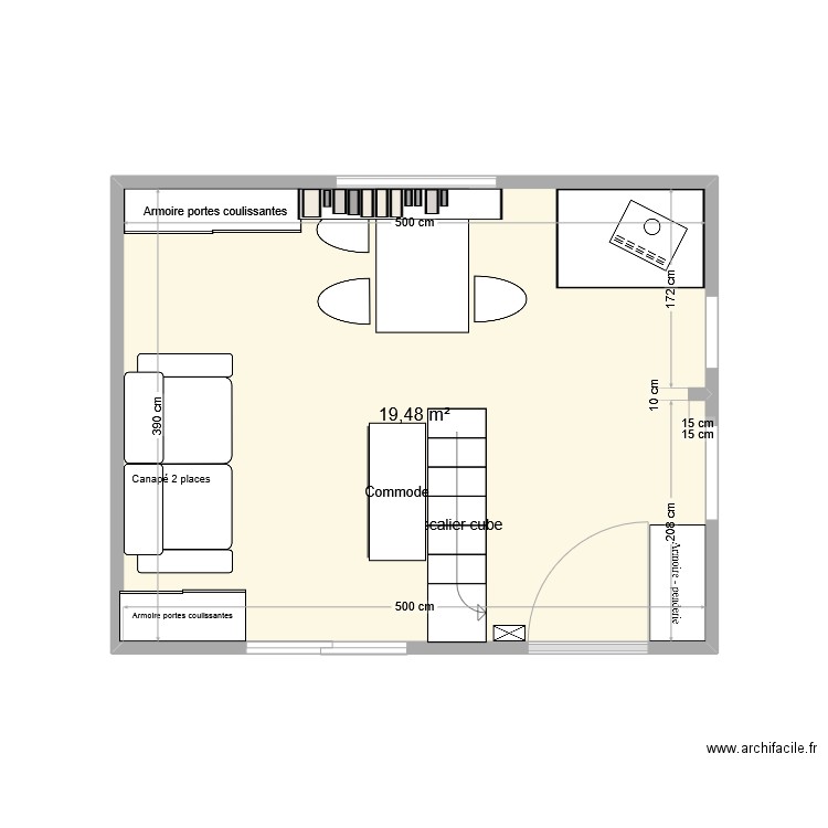 salon 2. Plan de 1 pièce et 19 m2