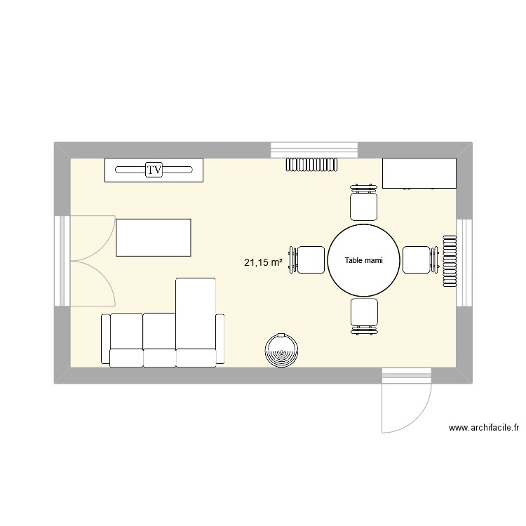 Ammenagement salon. Plan de 1 pièce et 21 m2