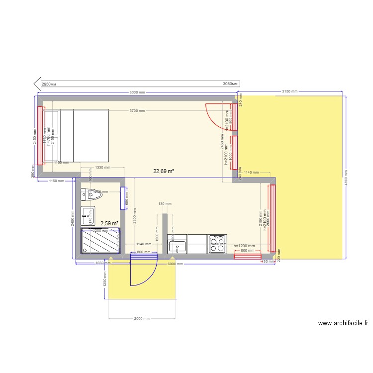 30-11. Plan de 4 pièces et 38 m2