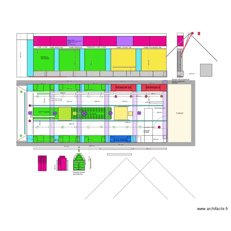 PLAN SUNGLASSES V10 SNG h320 accessoires et eclairage down + lineaire. Plan de 1 pièce et 7 m2