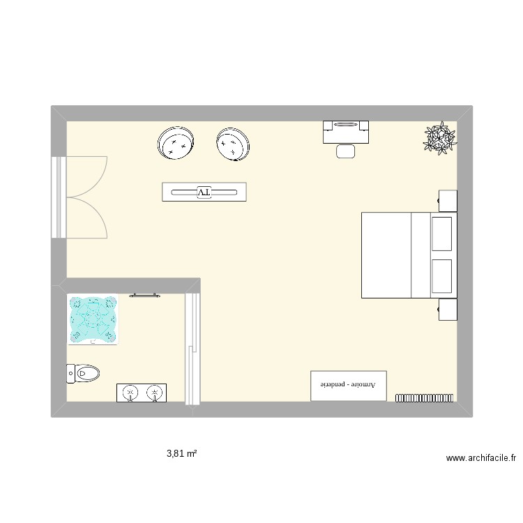 chambre. Plan de 2 pièces et 31 m2