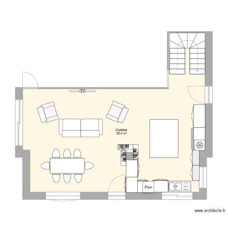 Salon-cuisine idée 3. Plan de 1 pièce et 55 m2