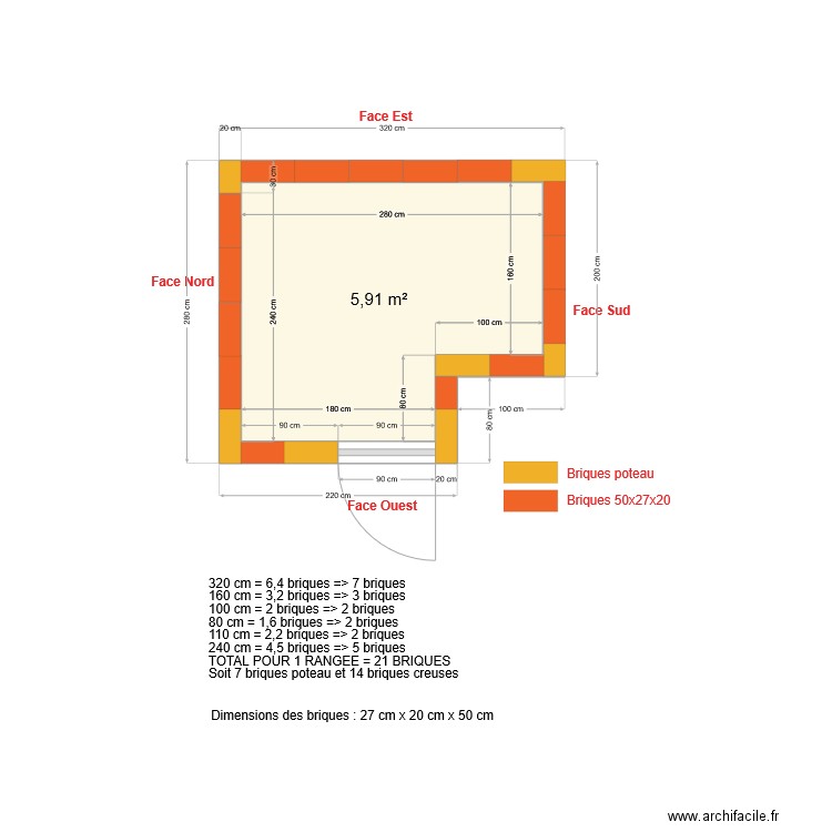 Plan pour calcul nombre de briques. Plan de 1 pièce et 6 m2