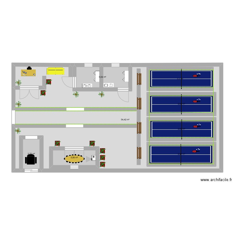 PADEL. Plan de 8 pièces et 130 m2