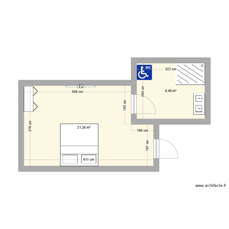 chambre et sdb norme pmr. Plan de 2 pièces et 30 m2