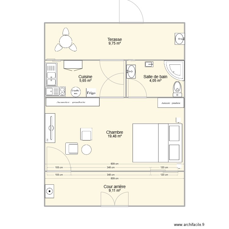 Studio Americain. Plan de 5 pièces et 48 m2