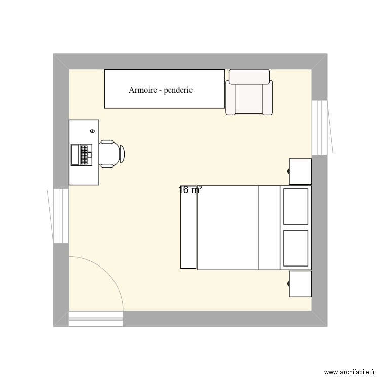 chambre difficulté marche. Plan de 1 pièce et 16 m2