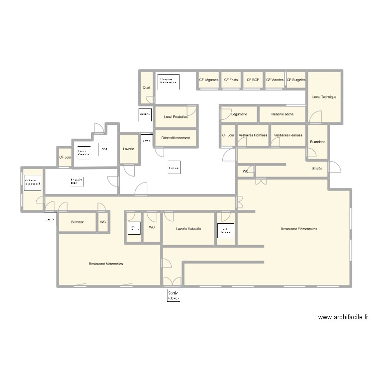 Plan de cuisine de la Cuisine Centrale de Guichen. Plan de 28 pièces et 82 m2