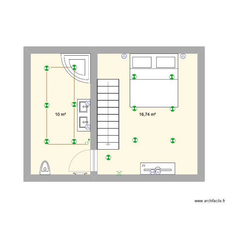 etage du haut . Plan de 2 pièces et 27 m2