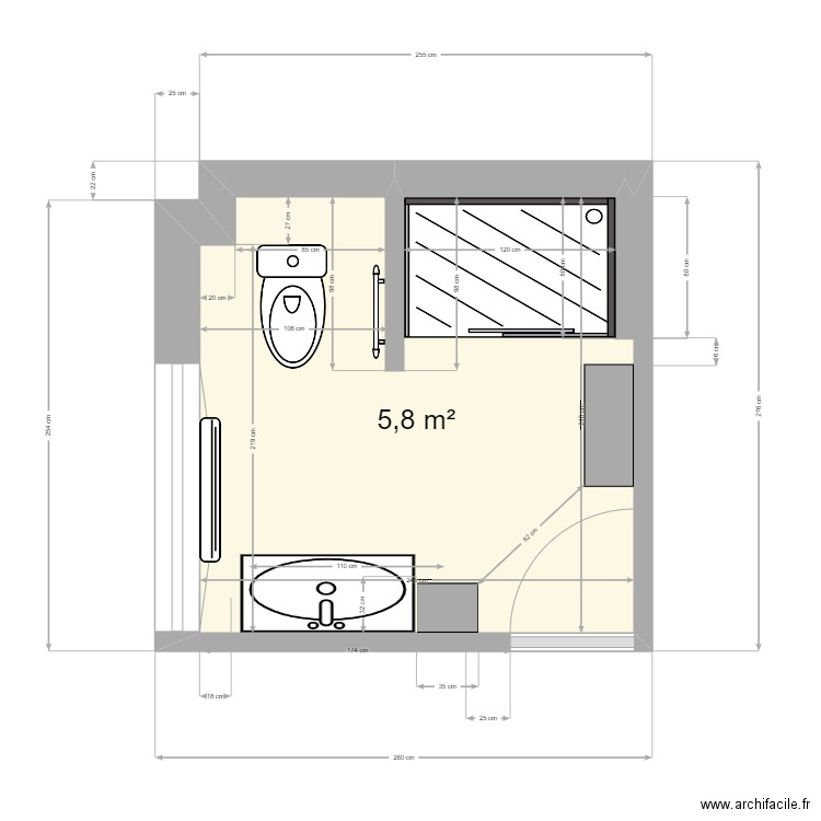 PROJET SALLE DE BAIN 9. Plan de 1 pièce et 6 m2