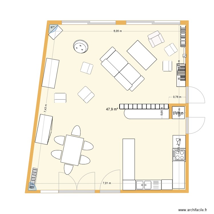 Salon. Plan de 1 pièce et 48 m2