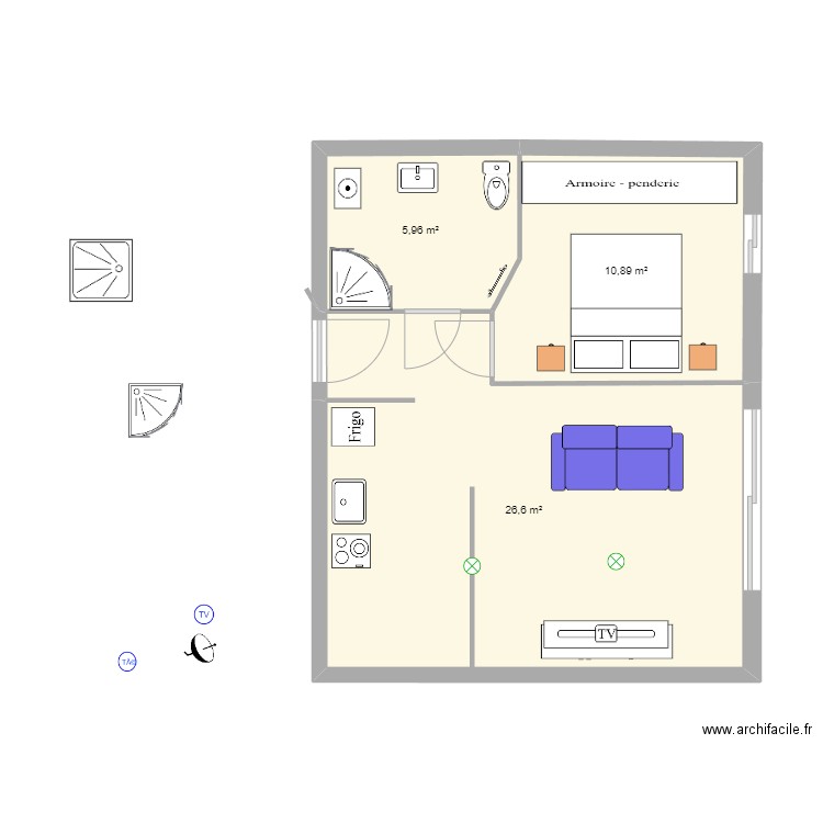 chambre. Plan de 3 pièces et 43 m2