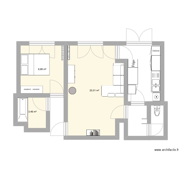 rivolii. Plan de 3 pièces et 33 m2