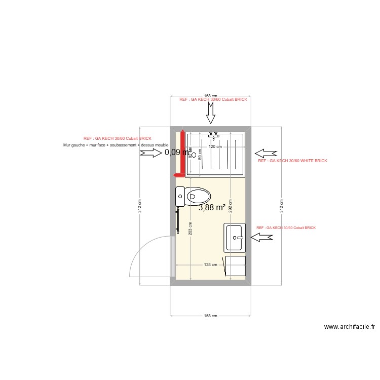 SDB PRAT . Plan de 2 pièces et 4 m2