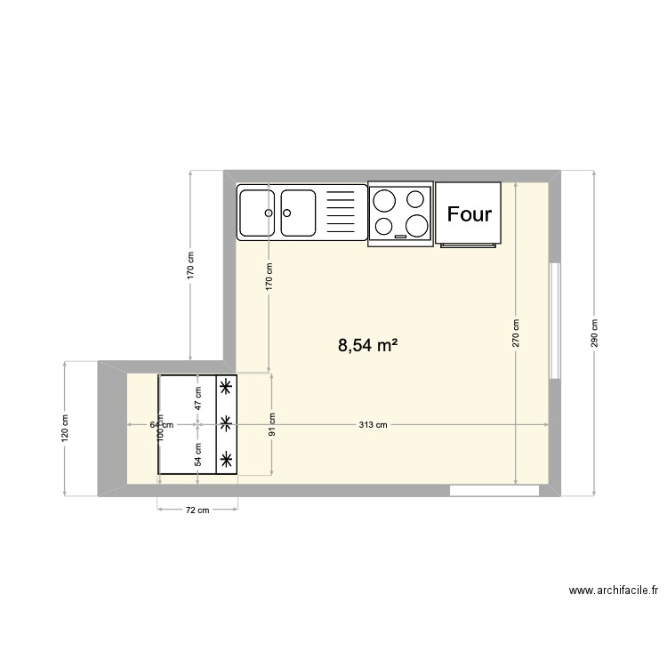 CUISINE-F9. Plan de 1 pièce et 9 m2