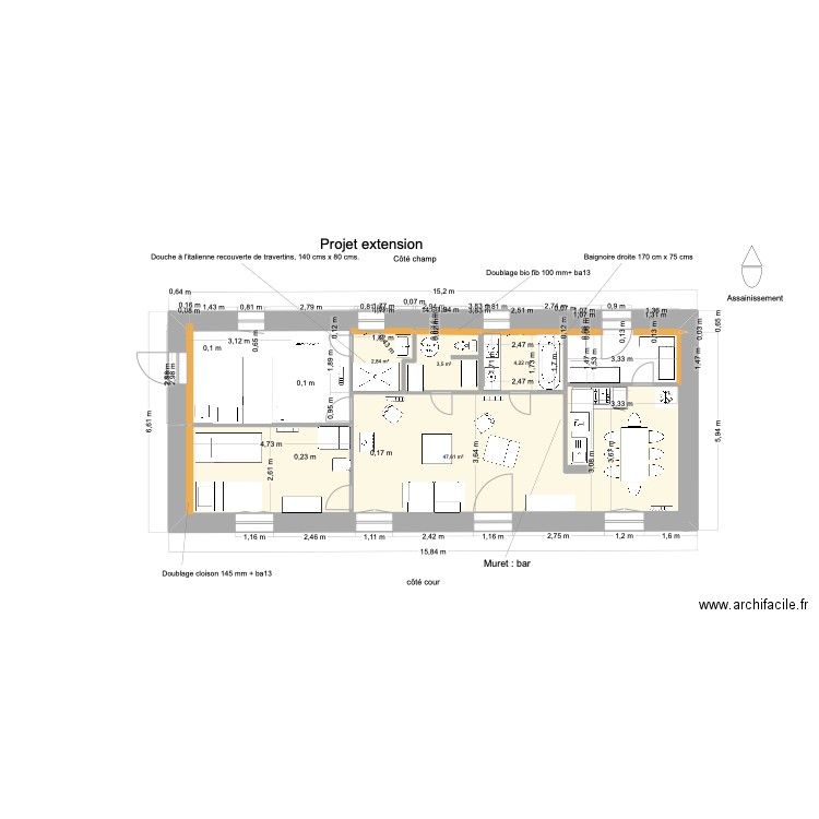 extension. modification 3 mars 2025. Plan de 4 pièces et 58 m2