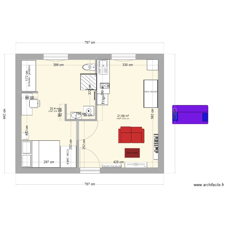 Amélia3. Plan de 2 pièces et 42 m2