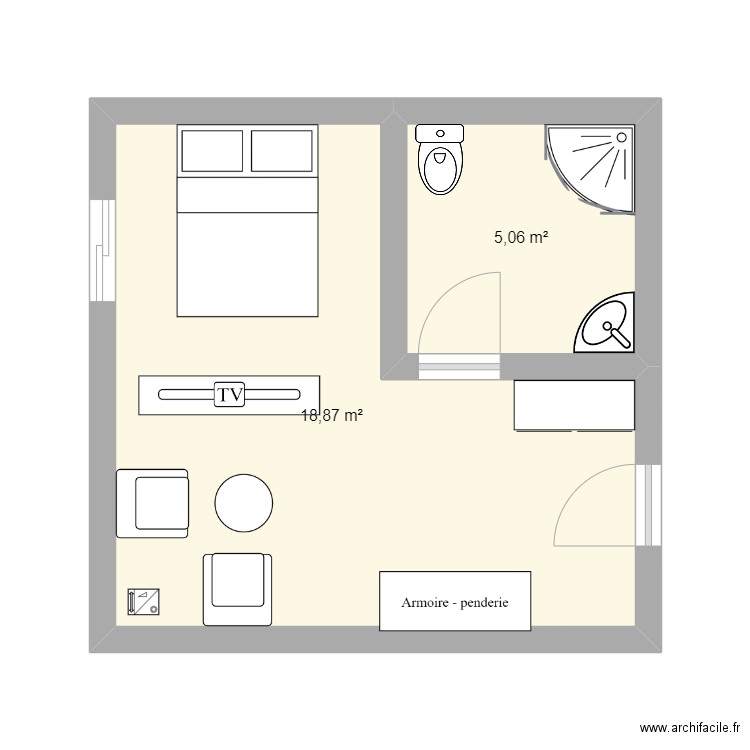 chambre pa. Plan de 2 pièces et 24 m2