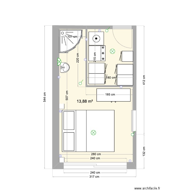 chambre + sdb + buanderie. Plan de 1 pièce et 14 m2