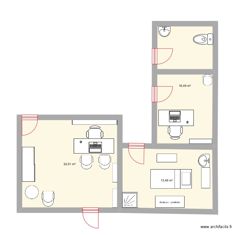 Auvervie . Plan de 3 pièces et 52 m2