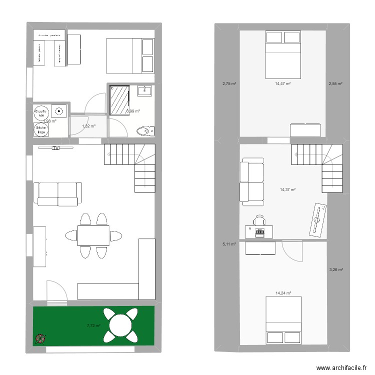 Maison 2. Plan de 11 pièces et 72 m2