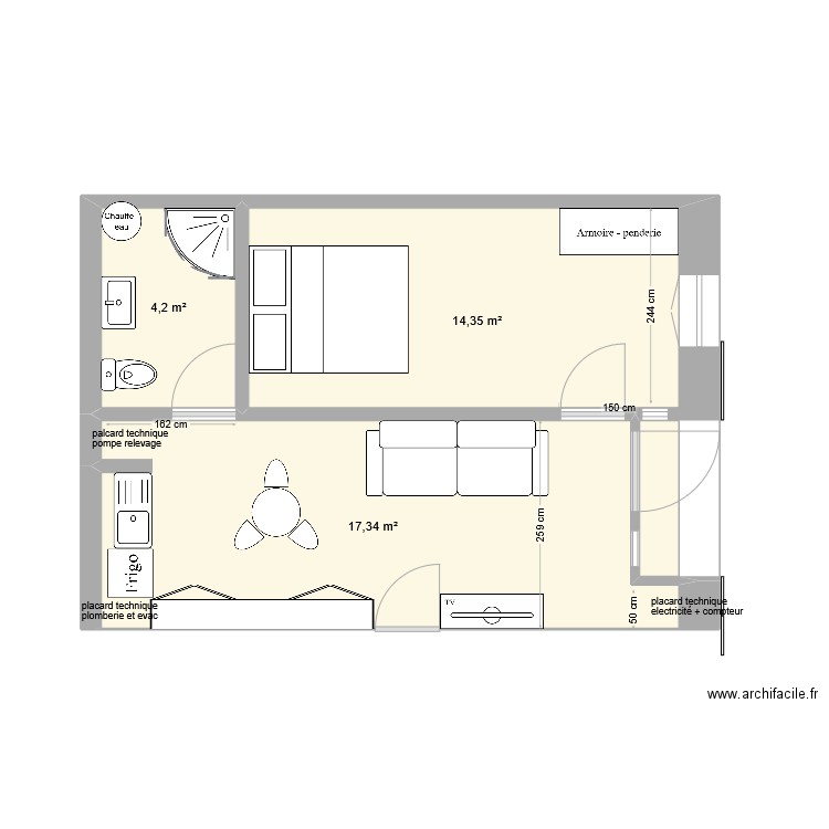 bureau appart version 2 piece. Plan de 3 pièces et 36 m2