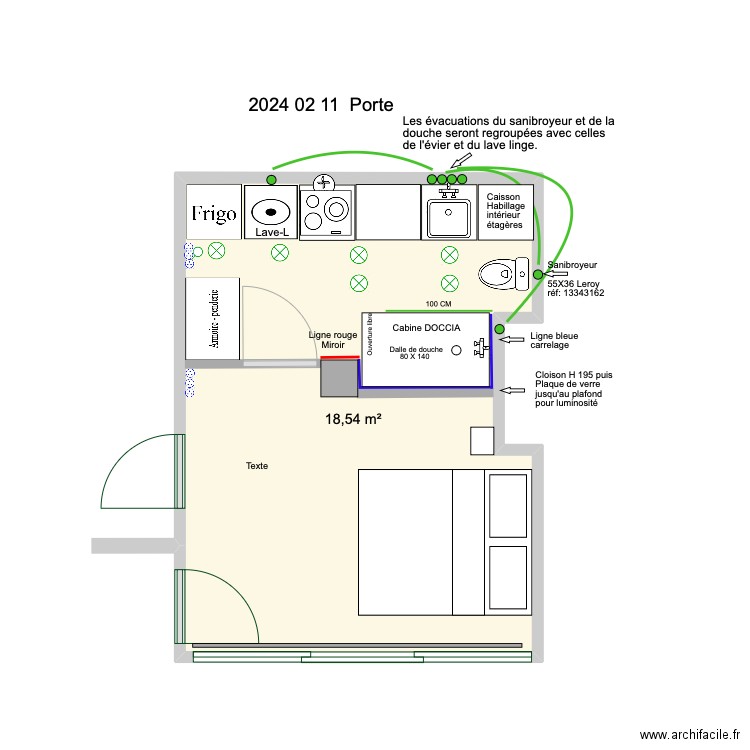 2024 02 11 avec porte Sanibroyeur. Plan de 1 pièce et 19 m2