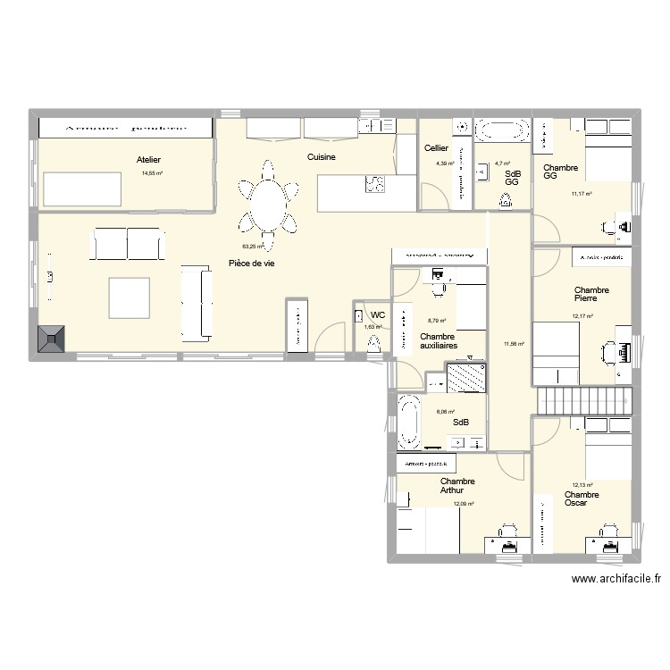 Plan L pour MDP. Plan de 12 pièces et 163 m2