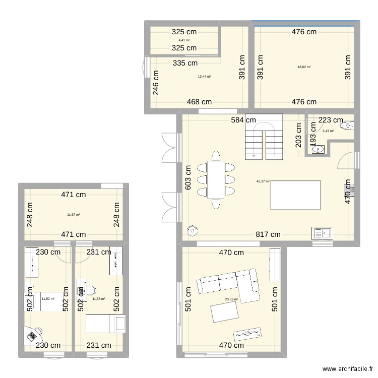 extension. Plan de 9 pièces et 144 m2