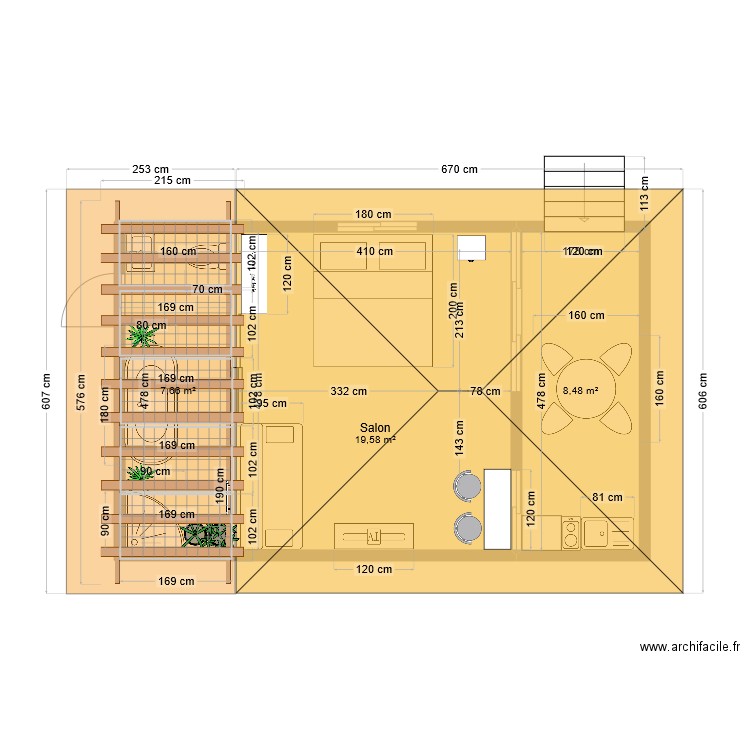 Bungalow n°1. Plan de 3 pièces et 36 m2