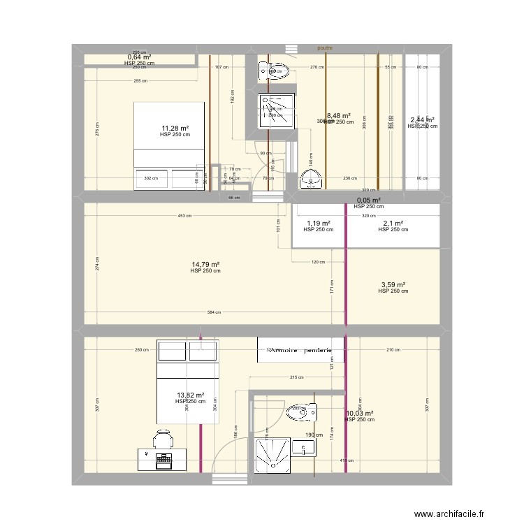 2eme étage chbre amis. Plan de 11 pièces et 68 m2