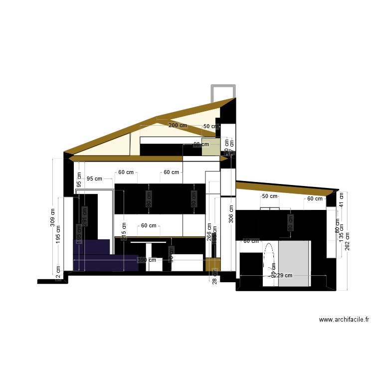 Coupe BB'. Plan de 2 pièces et 3 m2