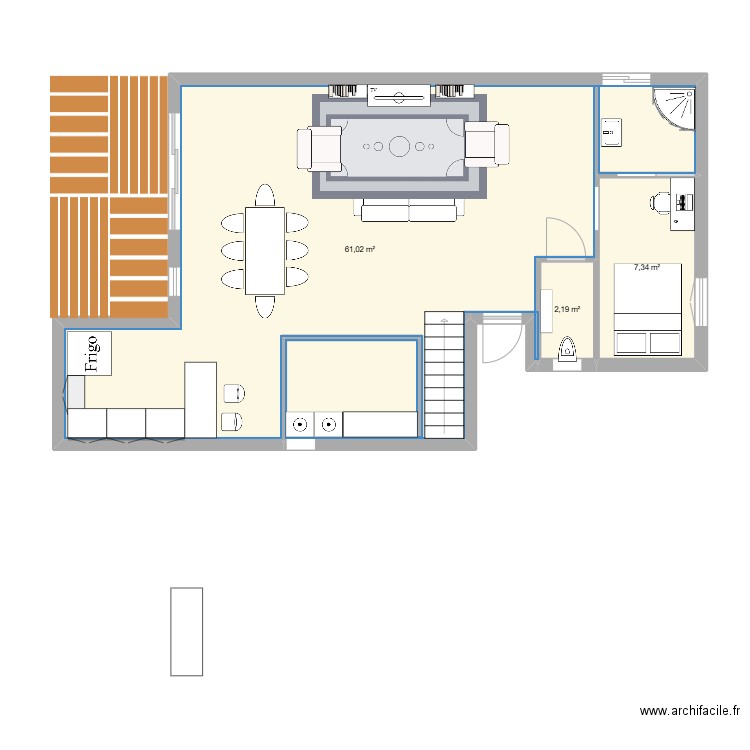 Bas maison. Plan de 3 pièces et 71 m2