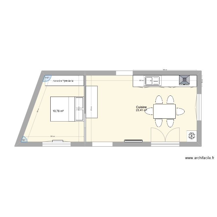 cuisine et chambre. Plan de 2 pièces et 34 m2