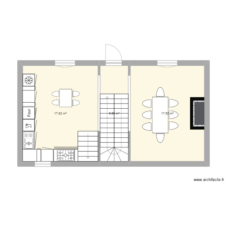 Cuisine noire. Plan de 3 pièces et 42 m2