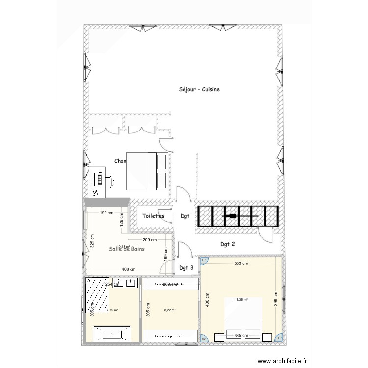 pLAN MAISON OK douche biagnoire. Plan de 4 pièces et 42 m2